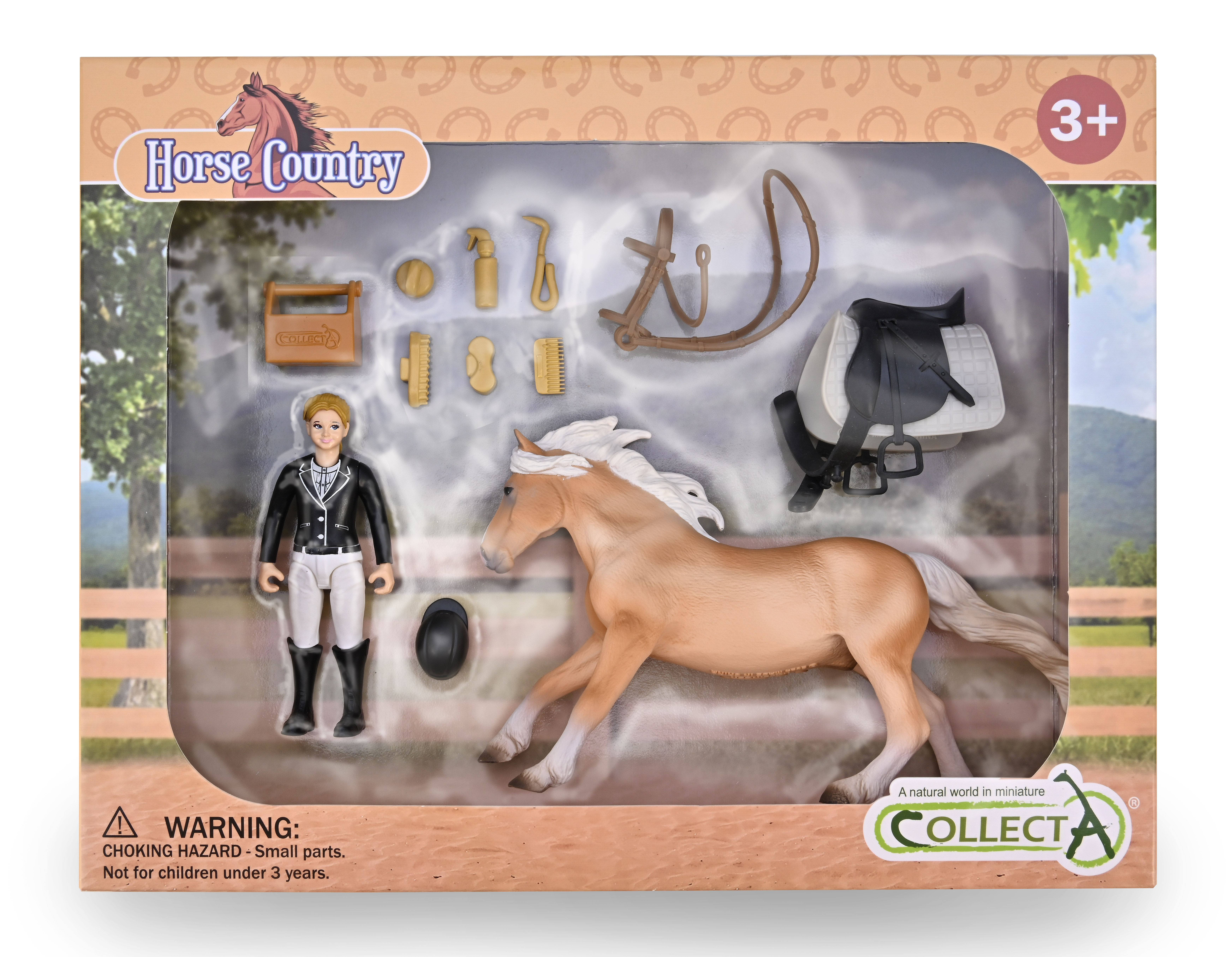 Jinete de Torneo con Caballo y Accesorios de Cuidado en Caja con Ventana